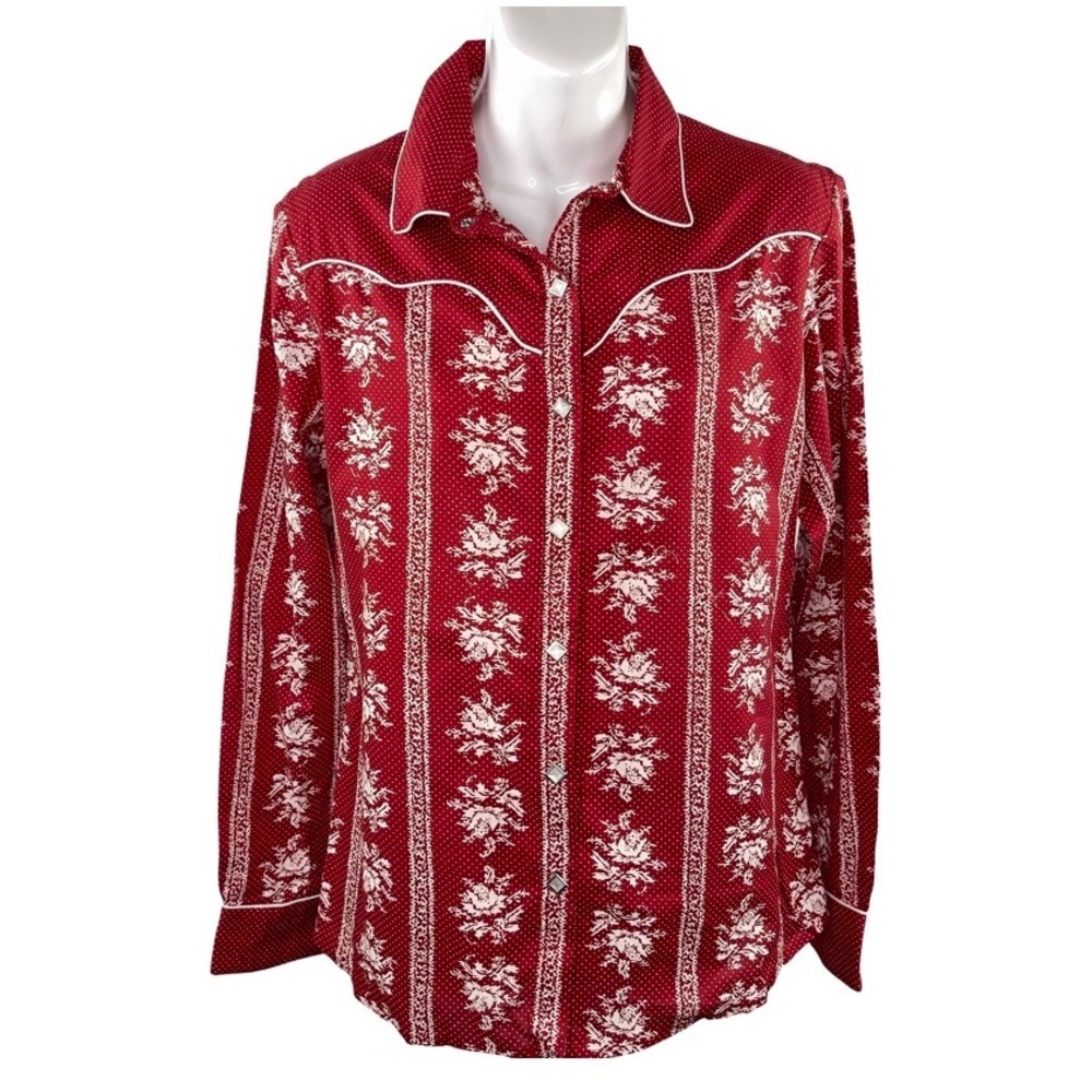 Wrangler Vintage Women's Red and White Floral Rodeo Pearl Button Top Size Medium